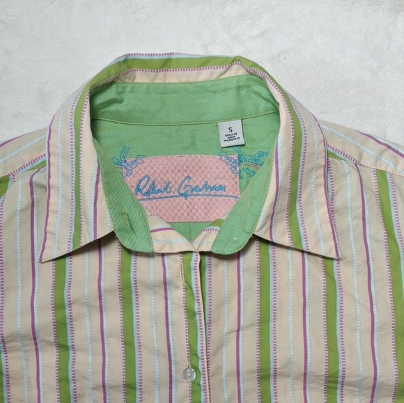 Robert Graham Sz‎ S Green Pink Stripe Button Up Cotton Embroidered Flip Cuff - Picture 4 of 7